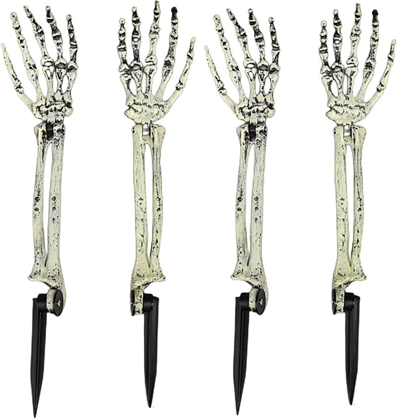 AOFOX Halloween Realistic Skeleton Stakes Zombie Ghost Arm Stake Severed Plastic Skeleton Hands Yard Signs for Lawn Stakes Garden Halloween Props Decoration(4 Pcs White&Black) - Image 1